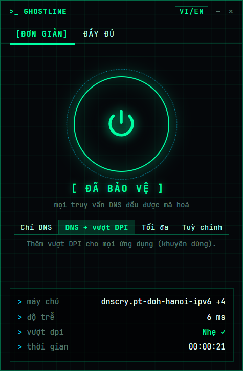 Cửa sổ Ghostline: nút nguồn và dòng chữ Đã bảo vệ